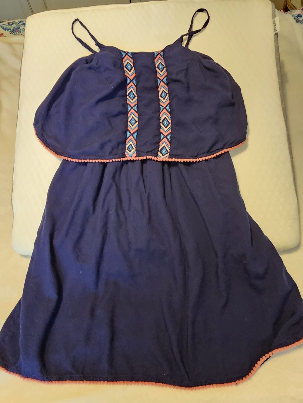 Japna Navy Blue Embroidered Boho Sundress Pom Pom Trim Spaghetti Strap Size M